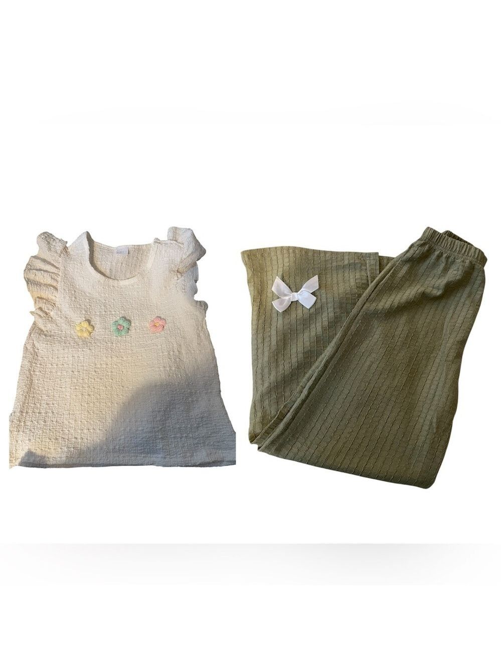 Girls White Ruffled Top and Green Pants Set